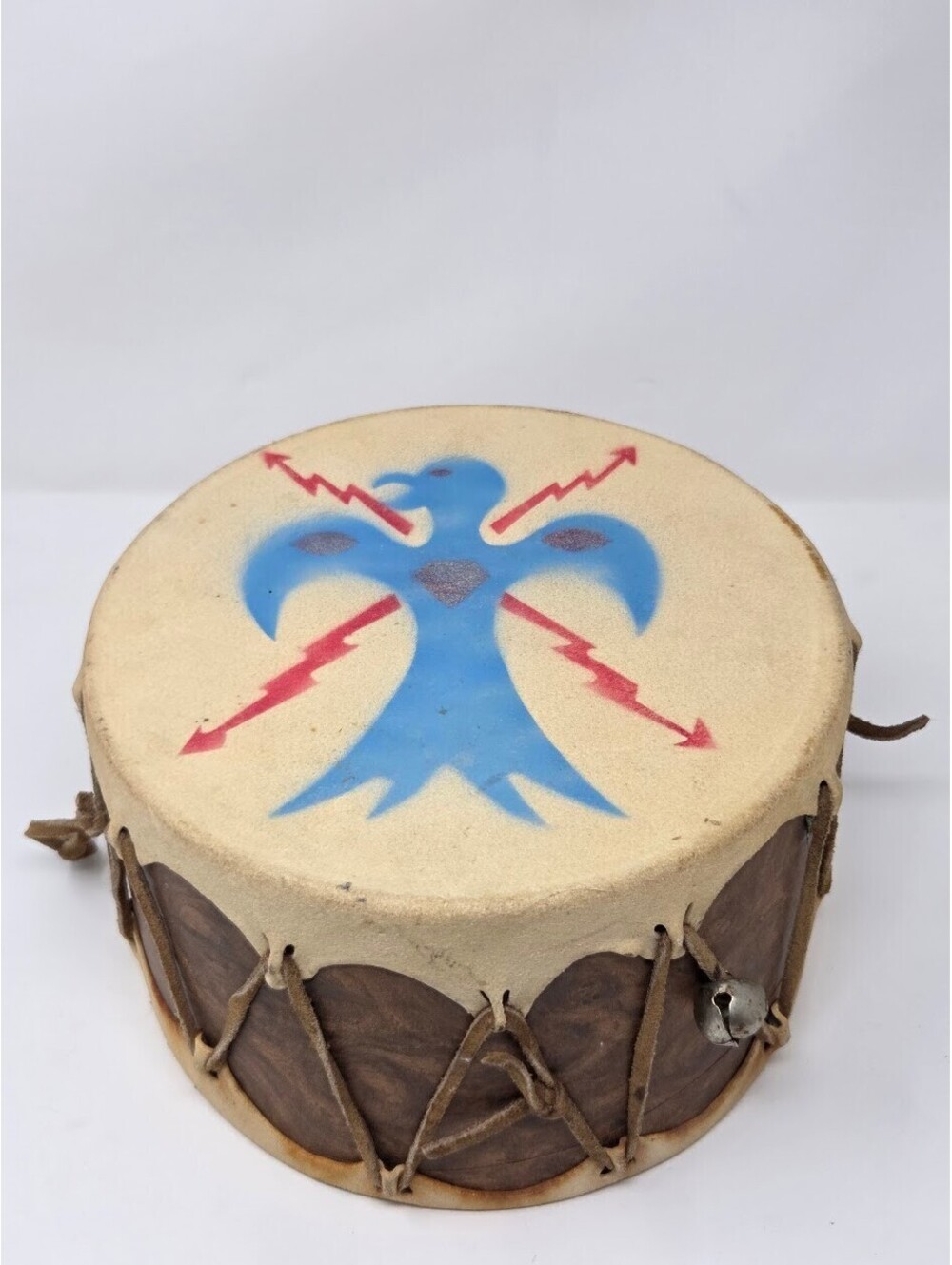 Handcrafted Rawhide Drum With Painted Thunderbird And Lightning Bolt Design